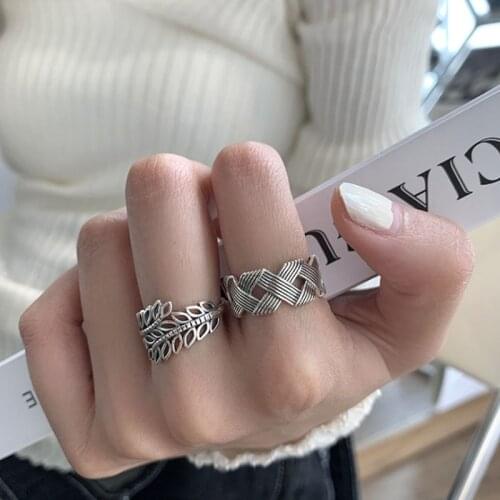 VENTFILLE 925 Sterling Silver Geometric Hollow Leaves Cross Braided Line Ring Female Fashion Retro Simple Jewelry Accessories