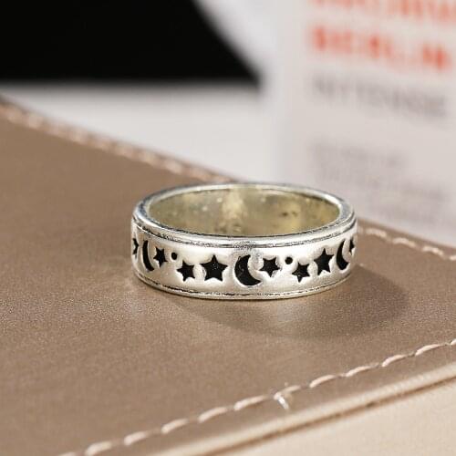 Vintage Star Moon Rings for Women Men Bohemian Handmade Courage Carved Ring Wedding Jewelry Gift Promise Rings for Couples