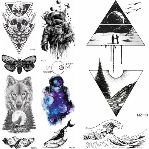 Triangle Geometric Forest Mountain Temporary Tattoos Stickers For Women Sexy Body Art Big Arm Sea Wave Tatoo Sheet Paper Tattoo