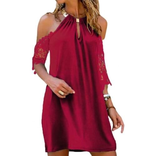 Womens Clothing Dress Above Knee Skin-friendly Solid Color Lace Off Shoulder Short Sleeve Dress for Vacation dresses for women