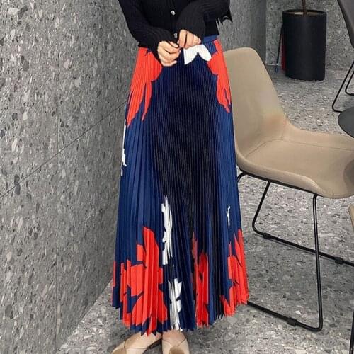 Miyake pleated print skirts women 2021 summer new high waist temperament chinese style folda large thin dress swing skirts