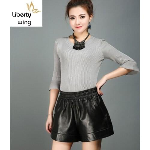 2020 New High Waist Short Women Plus Size Loose Motorcycle Riding Leather Trousers Womens Natural Sheepskin Biker Shorts