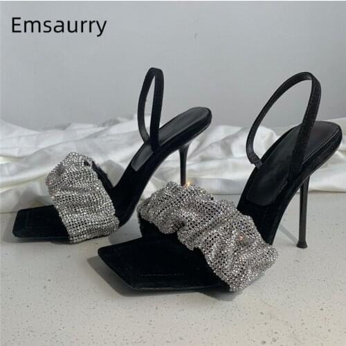 Quality Pleated Rhinestone Bowknot Sandals Women Sharp Thin High Heels Concise Strap Slip-on Summer Sandalias Mujer