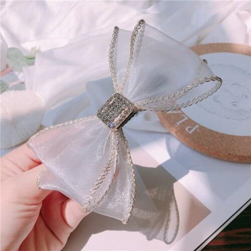 Women Korean Chiffon Hair Clips Lady Fashion Bow Rhinestone Hairpin