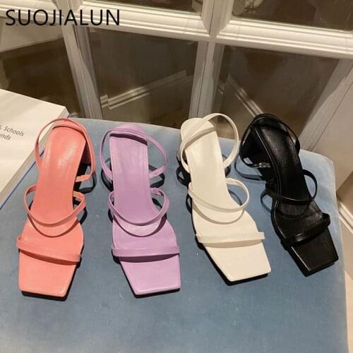 SUOJIALUN 2021 Women Summer Sandal Shoes Square High Heels Slides Narrow Band Female Open Toe Rome Slides Beach Vacation Shoes