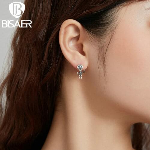 Bisaer Earrings 925 Sterling Silver Skull Stud Earrings CZ for Women Girls Gift Statement Jewelry ECE1110
