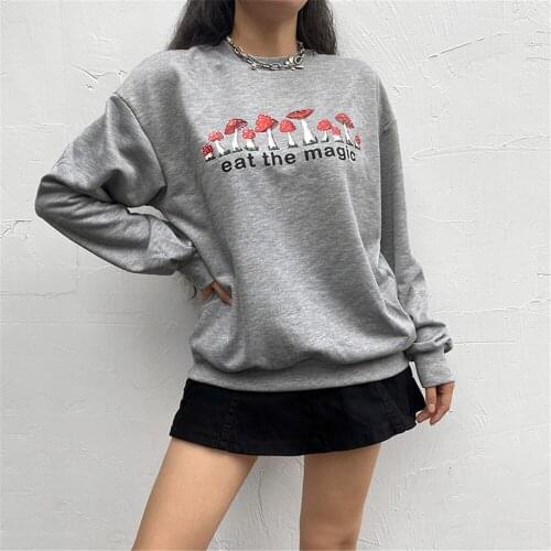 Autumn Winter Women Magic Mushroom Print Pullover Tops Letter Pattern Loose Hoodies Sweatshirts