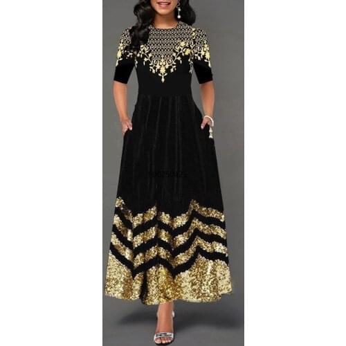 Women Scoop Neck Dress Half Sleeve female elegant vintage floral printed a line pocket Black maxi dresses robe prom dresses