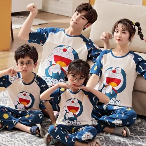 2021 Doraemon Cartoon Parent-Child Pajamas For Boys Girls Children Pure Cotton Spring Summer Home Wear Long Pants Kids Clothes