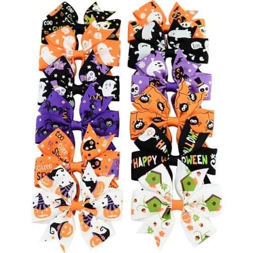 24pcs/12Colors Pumpkin Halloween Kids Grosgrain Ribbon Bows Barrettes Girl Hairclip Boutique Hairpins Kids Hair Accessories 638