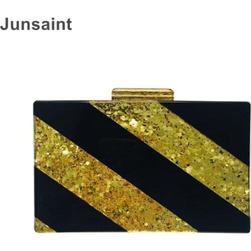 Brand designer messenger bag new fashion striped acrylic evening bag Gold Black bling bling women clutch purse luxury party prom