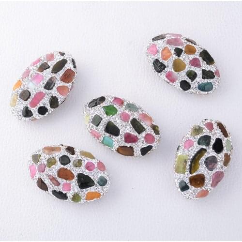 3PCS Natural Tourmaline Pave Crystal Rhinestone Oval Shape Connector Spacer Bead For Making Bracelet necklace Jewelry DIY