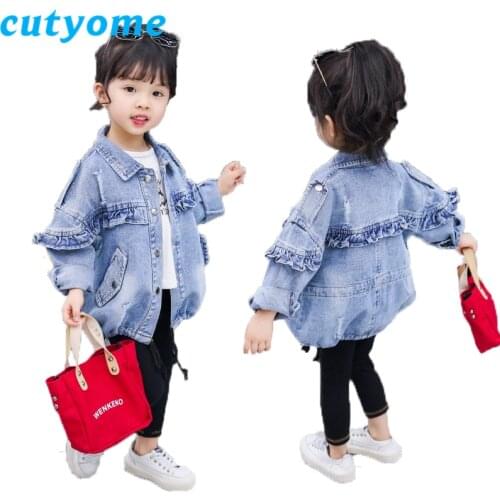 Long Style Denim Jacket for Baby Girls 2019 Spring Full Sleeve Ruffle Children Cardigan Jean Outerwear Coat Kid Boutique Clothes