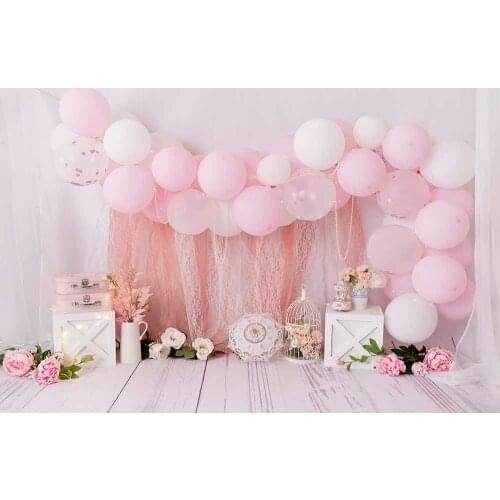 Baby Girl Photography Backdrop Princess Cake Smash Portrait Background Spring Photoshoot Pink Balloons Flowers Pattern Design