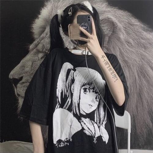 INS Summer Harajuku Womens Clothing T-shirt Tops Gothic Dark Loose Short Sleeved T Shirt 90s Anime Casual Oversized T-shirts