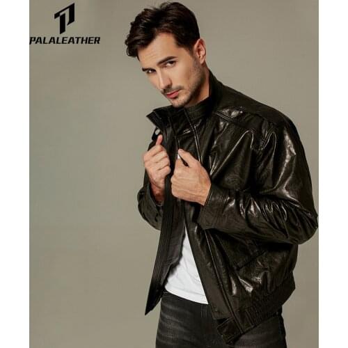 High-Neck Bi-Swing Appliqued Goatskin Leather Jacket