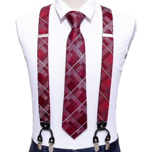 Red Fashion Novelty Adjustable Y-Back Silk Suspenders Set Neck Tie For Men Party Wedding Y-Shape 6 Clip Suspenders Barry.Wang