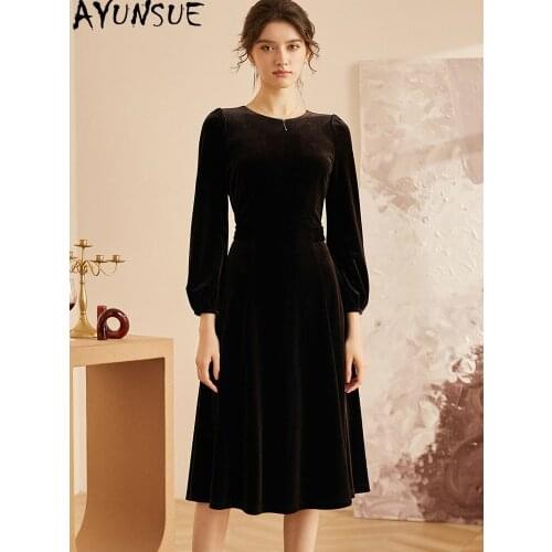 AYUNSUE Fashion Vintage Dress Female Velvet Long Dresses Spring Autumn Black High Waist Elegant Party Dress Roupas Feminina