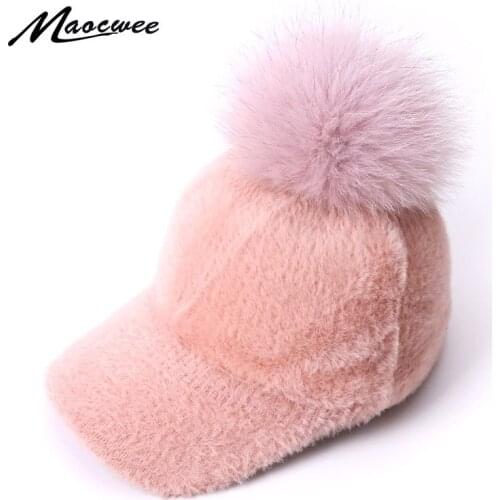 New Winter Baseball Caps With Real Fox Fur Pompon For Children Solid Color Baseball Hat Female Mink Hair Warm Hat Kid Casual Cap