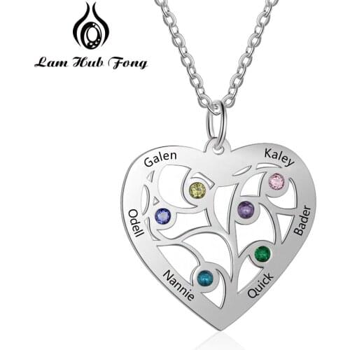 Custom Birthstone Necklace Engraved Name Necklace Love Heart Shape Charm Jewelry Personalized Family Gift for Mom (Lam Hub Fong)