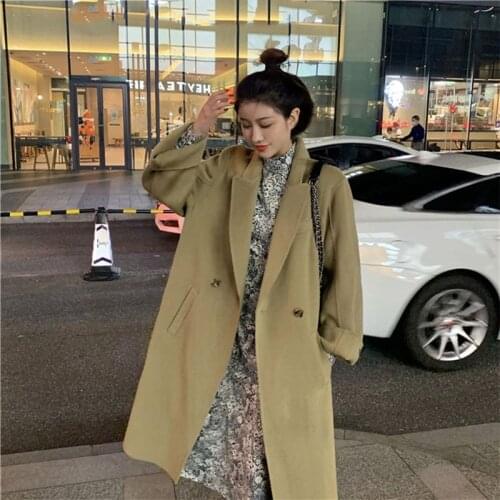 2021 New Casaco Loose Fashion Coats Female Suit Collar Mid-Length Outerwear Long-Sleeved Autumn Woolen Coat Womens Overcoat