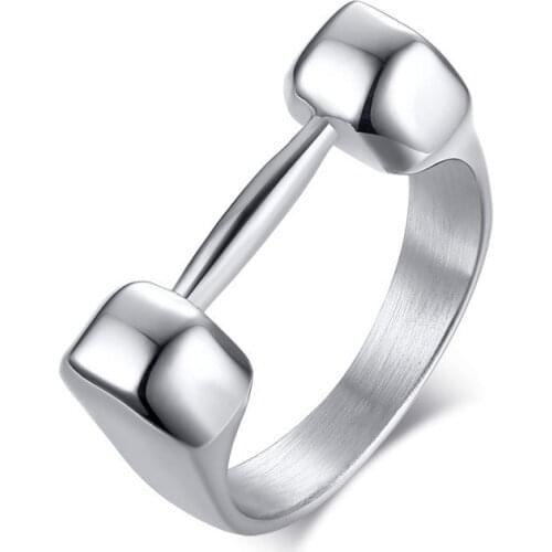 Silver Color Dumbbell Ring for Men Stainless Steel Fitness Sport Fashion Punk Cool Jewelry Gift US Size 7-11