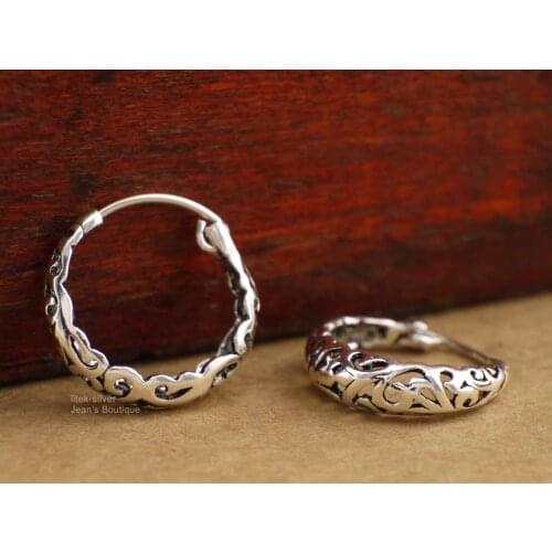 925 Sterling Silver Engraved Simple Retro Huggie Hoop Earrings Jewelry 18.5mm A1389