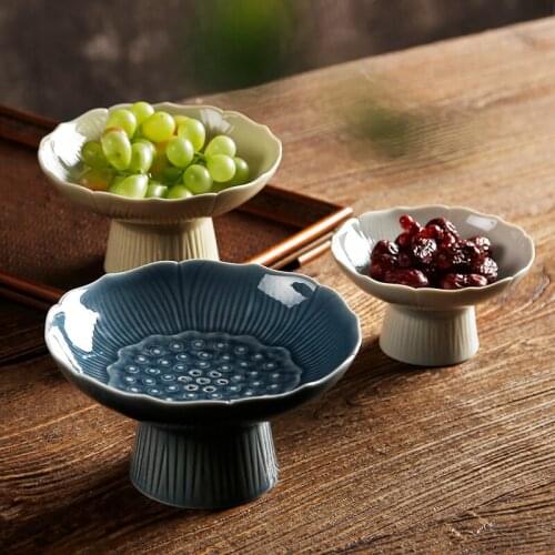 Drainable Ceramic High Leg Plate Dessert Refreshment Dried Fruit Japanese Dish Chinese Tray for Buddha
