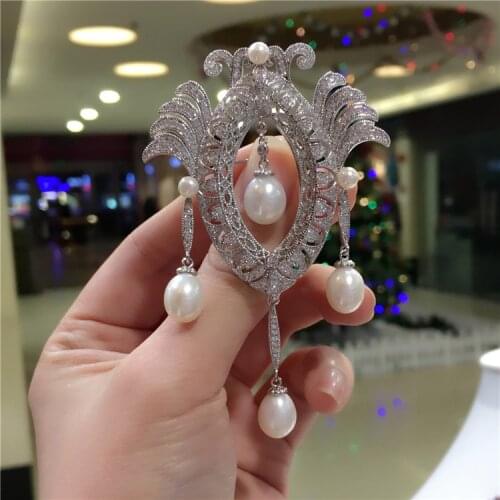 High-grade microscope zircon elegant white freshwater pearl temperament court brooch fashion jewelry