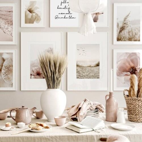 Sunset Girl Birds Beach Pink Wave Flower Beige Reeds Wall Art Print Canvas Painting Nordic Poster Decor Pictures For Living Room