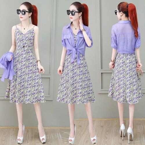 2021 Summer Solid Shirt Top + Floral Print Spaghetti Strap Dress 2 Piece Sets Fashion Elegant Chiffon Sleeveless Dress Suit Q321