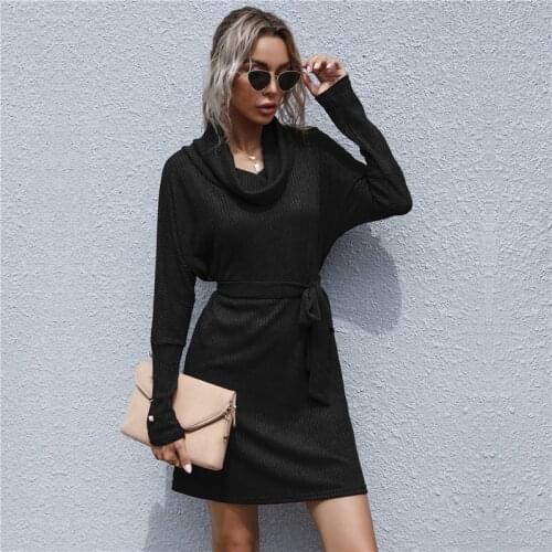 MODX 2021 Autumn Knit Pile Colla Solid Color Waist Mini Dress Women Elegant Long Sleeve Stretch A-line Casual Sweater Dress