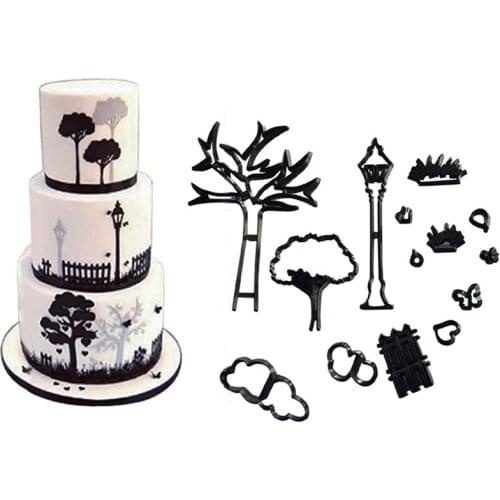 14PCS Park Theme Cookie Cutter Plastic Street Lamp Tree Plant Grass Fondant Cutter Cupcake Baking Mold Cake Decorating Tools