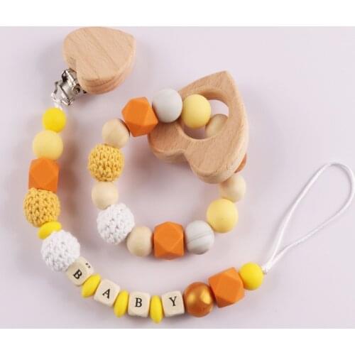 2PCS Set Pacifier Chain Bracelet BPA Free Silicone Beads Baby Teether Baby DIY Beech Wooden Dummy Clip Molar Toys Baby Gift