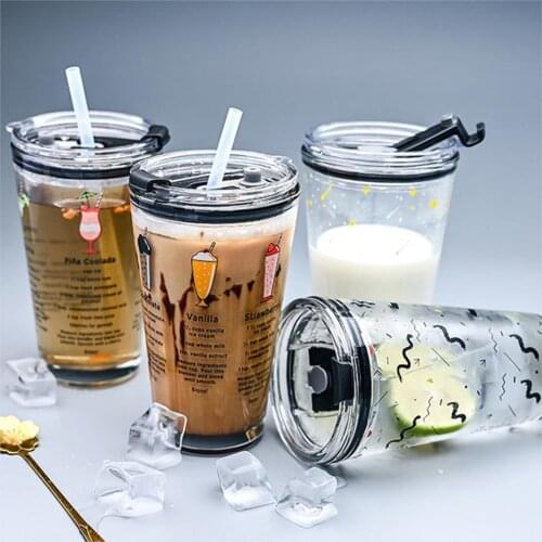 450ML Glass Straw Cup with Scale Transparent Graffiti Style Large Capacity Drinking Juice Bottle