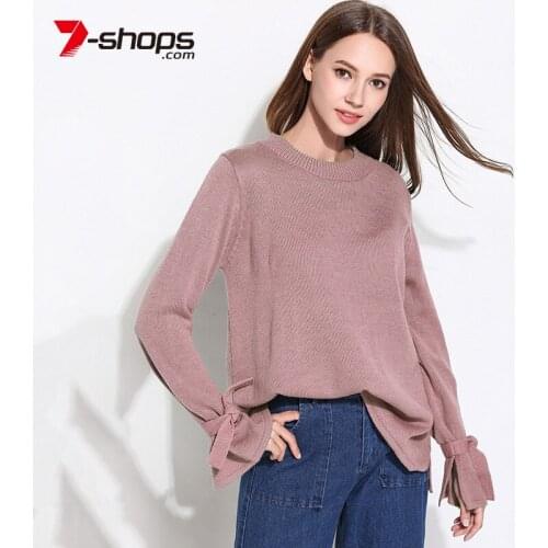 AECU Women Knitted Sweater And Pullover O Neck Sweater Female Long Sleeve Bow Loose Solid Jumper Winter Clothes Female Tops