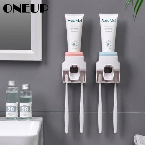 ONEUP Automatic Toothpaste Squeezer Dispenser Wall Lazy Squeezer With Toothbrush Holder Multifunctional Bathroom Accessories Set