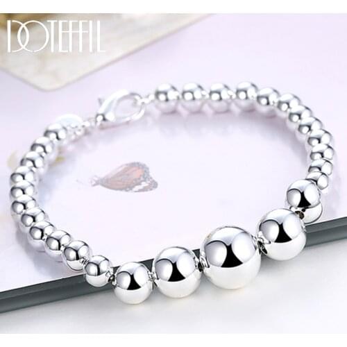 DOTEFFIL 925 Sterling Silver Vary Size Full Smooth Bead Bracelet 20cm For Women Girl Wedding Engagement Jewelry