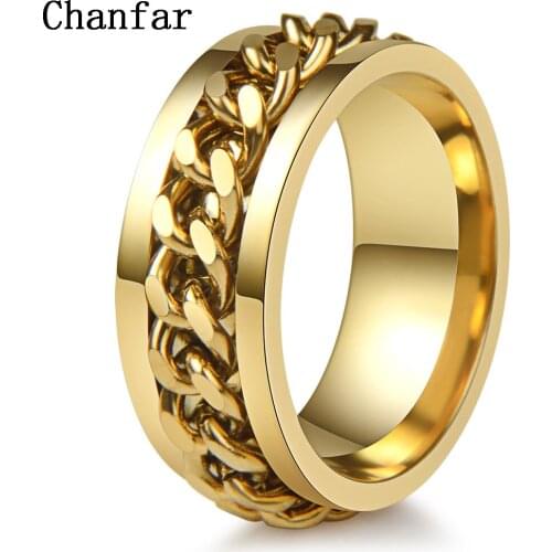Chanfar Fashion Metal Punk Rock Biker Gold Color Ring Men Stainless Steel Turnable Chain Spinner Ring Fashion Finger Jewelry