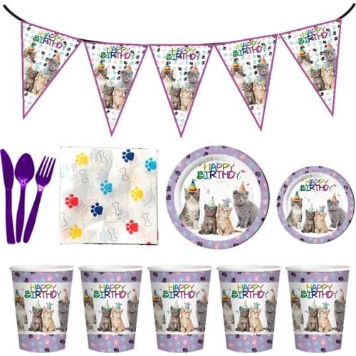 Pet Cat Theme Party Decoration Tableware Four Kitten Paper Cup Plate Napkins Pennant Tablecloth Kids Birthday Carnival Supplies