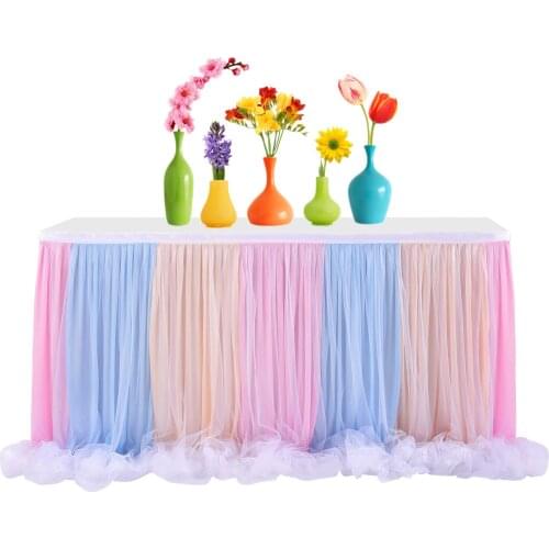 New Design Round Patchwork Fabric Tulle Table Skirt Baby Shower Birthday Banquet Party Wedding Home Decoration Table Skirting