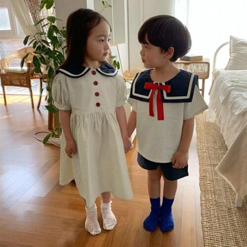 Summer Korean Style Kids Sailor Collar Cotton Linen Clothes Sets Boys Girls T Shirt+Shorts 2Pcs Kid Clothing Baby Boy Clothing