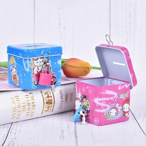 Cartoon Cute Square Tin Metal Piggy Bank Saving Cash Coin Money Box Children Toy Kids Gifts With Lock Random Color