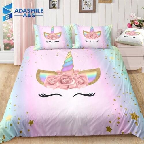 Cute Unicorn Bedding Set Embroidery Duvet Cover Sets Soft Bed Linen Flat Bed Sheet Set Pillowcase twin queen king bed cover