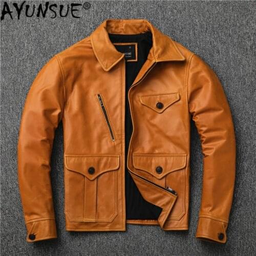 AYUNSUE Real Genuine Leather Jacket Men 100% Sheepskin Coat Oil Wax Retro Motorcycle Jacket Slim Fit Ropa Hombre 1931 KJ4722
