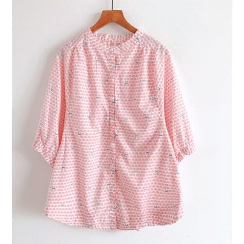 2020 New Summer Women Blouse Literary Cotton Leaves Print Lantern Sleeve Stand Collar Three Quarter Sleeve Shirts Women