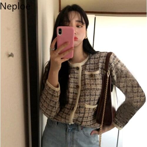 Neploe Fall 2021 Women Clothing Vintage Cardigan O-neck Long Sleeve Knit Sweaters Pocket Single Breasted Temperament Sueter Tops
