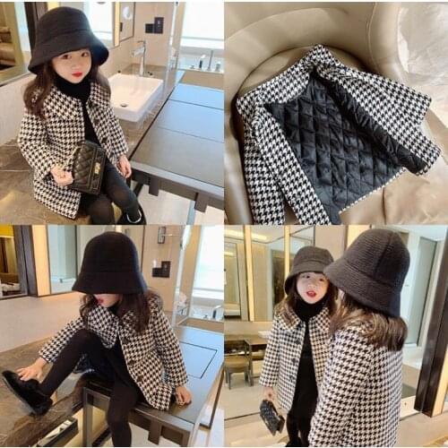Autumn winter childrens clothing Korean childrens jackets girls baby jackets houndstooth mid-length coats