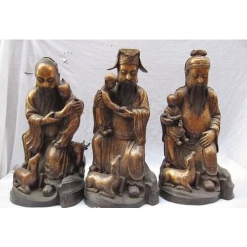 Song voge gem S0648 Chinese Old Bronze Fu Lu Shou Three Longevity God Fukurokuju Buddha Statue Set