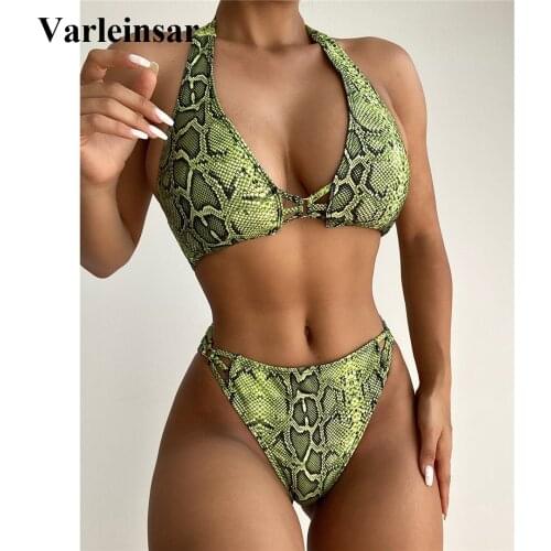 Sexy Snake Skin Halter High Leg Cut Bikini Female Swimsuit Women Swimwear Two-pieces Bikini set Bather Bathing Suit Swim V3144